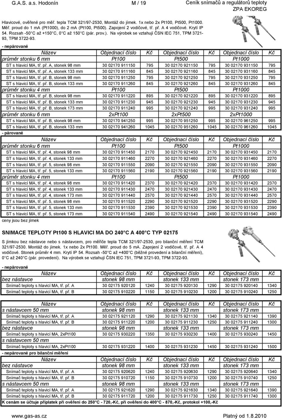 - nepárované průměr stonku 6 mm Pt100 Pt500 Pt1000 ST s hlavicí MA, tř. př. A, stonek 98 mm 30 02170 911150 795 30 02170 921150 795 30 02170 931150 795 ST s hlavicí MA, tř. př. A, stonek 133 mm 30 02170 911160 845 30 02170 921160 845 30 02170 931160 845 ST s hlavicí MA, tř.