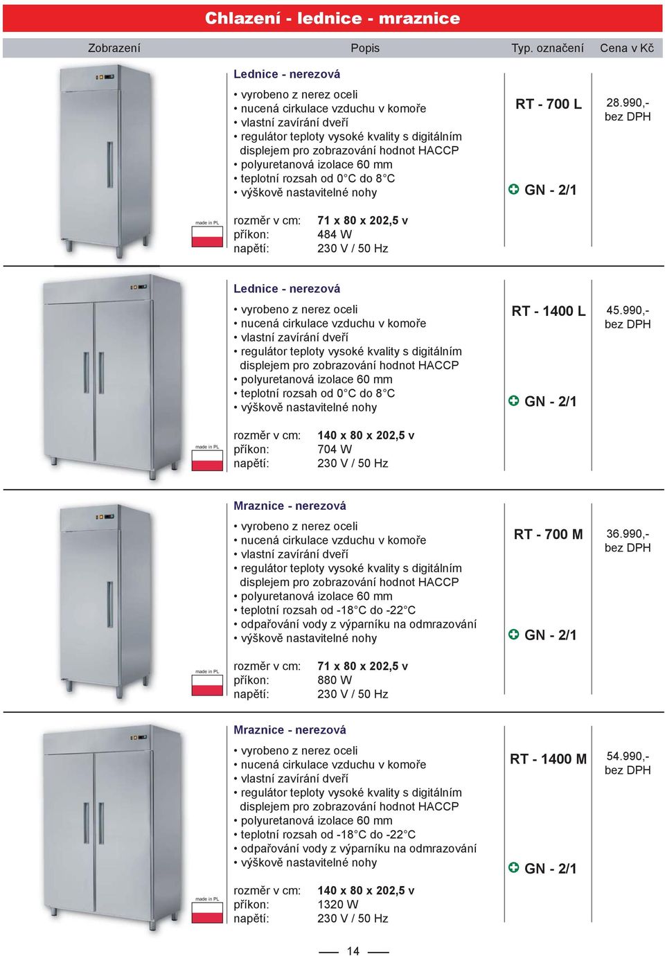 990,- GN - 2/1 made in PL 71 x 80 x 202,5 v 484 W Lednice - nerezová vyrobeno z nerez oceli nucená cirkulace vzduchu v komoře vlastní zavírání dveří regulátor teploty vysoké kvality s digitálním