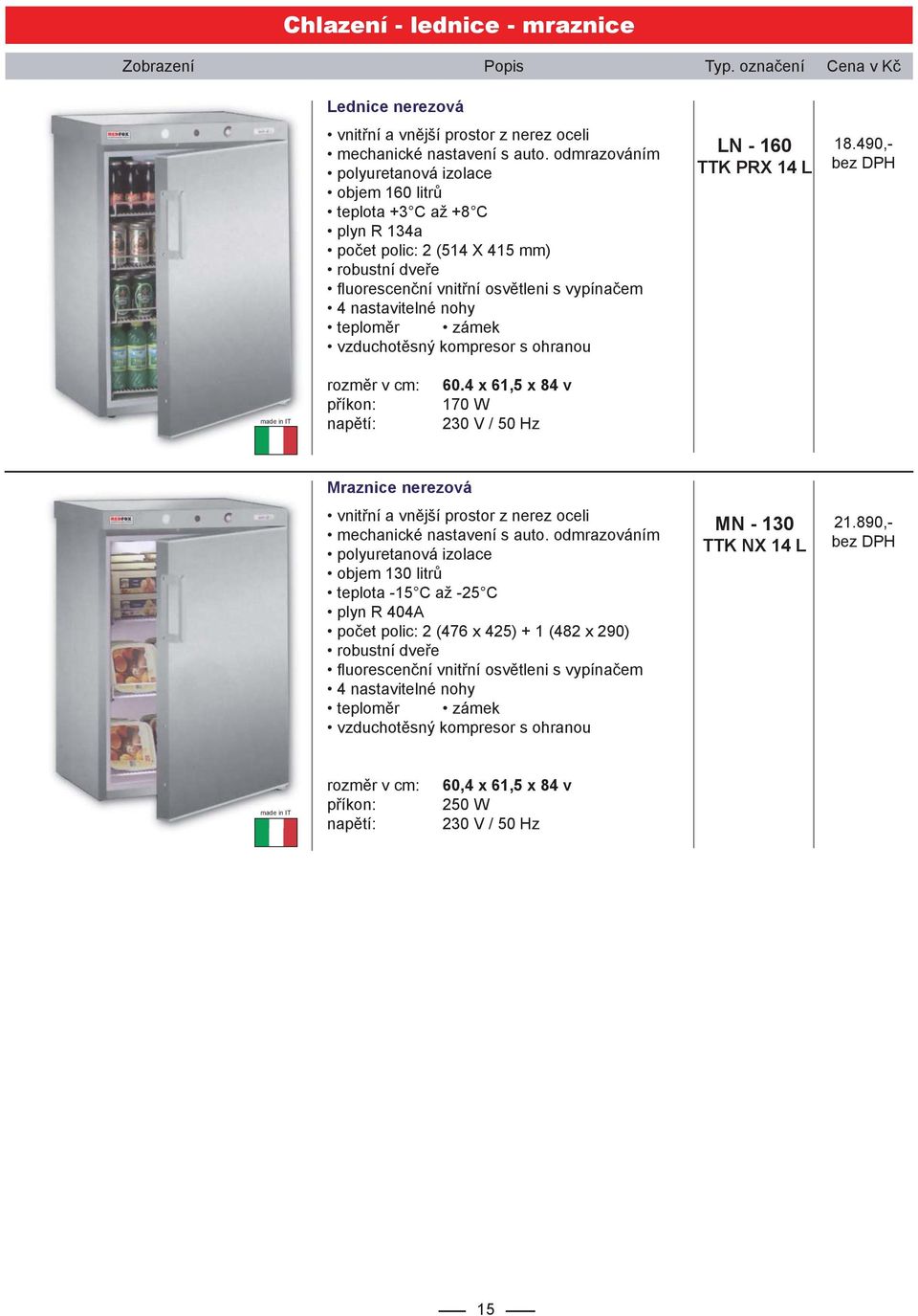 teploměr zámek vzduchotěsný kompresor s ohranou LN - 160 TTK PRX 14 L 18.490,- 60.4 x 61,5 x 84 v 170 W Mraznice nerezová vnitřní a vnější prostor z nerez oceli mechanické nastavení s auto.