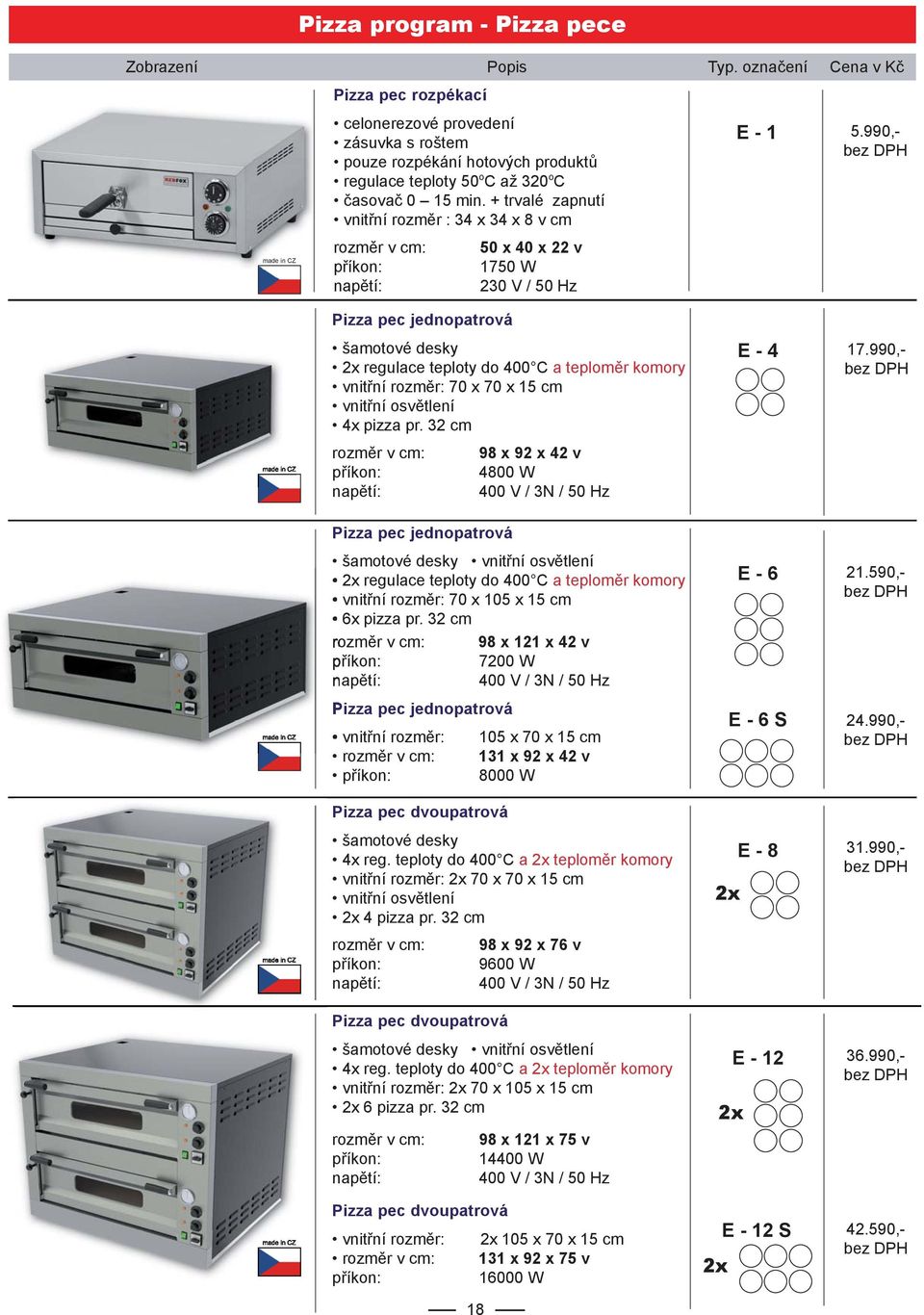 990,- Pizza pec jednopatrová šamotové desky 2x regulace teploty do 400 C a teploměr komory vnitřní rozměr: 70 x 70 x 15 cm vnitřní osvětlení 4x pizza pr.