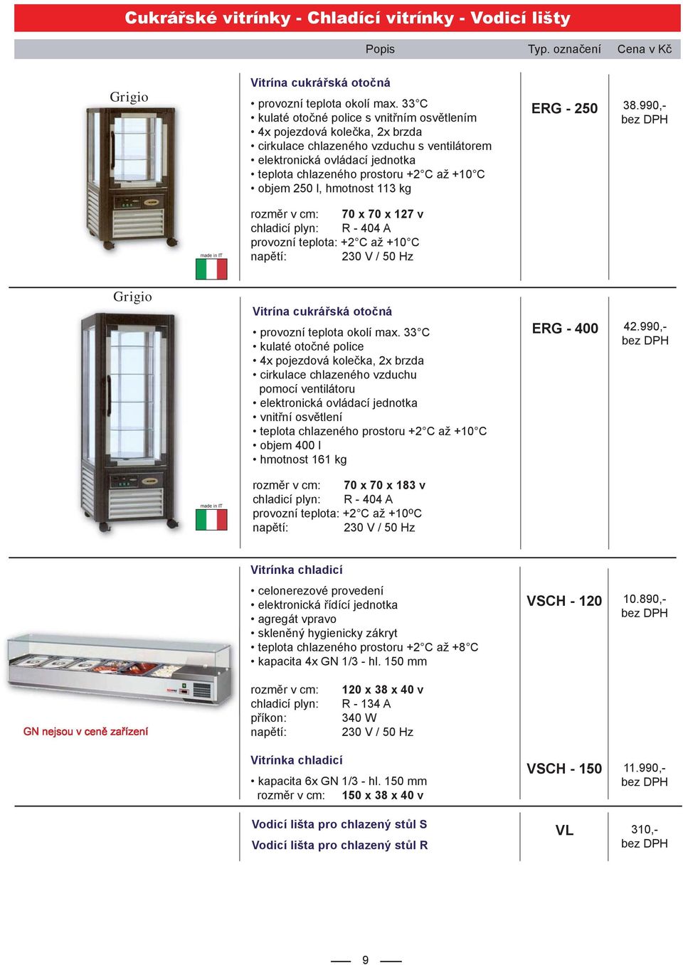 objem 250 l, hmotnost 113 kg ERG - 250 38.990,- 70 x 70 x 127 v chladicí plyn: R - 404 A provozní teplota: +2 C až +10 C Grigio Vitrína cukrářská otočná provozní teplota okolí max.