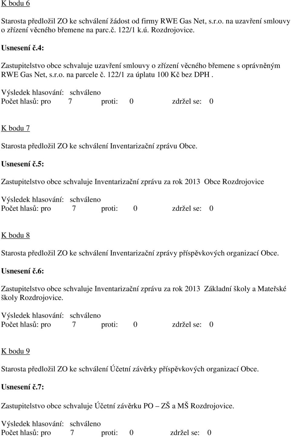 K bodu 7 Starosta předložil ZO ke schválení Inventarizační zprávu Obce. Usnesení č.