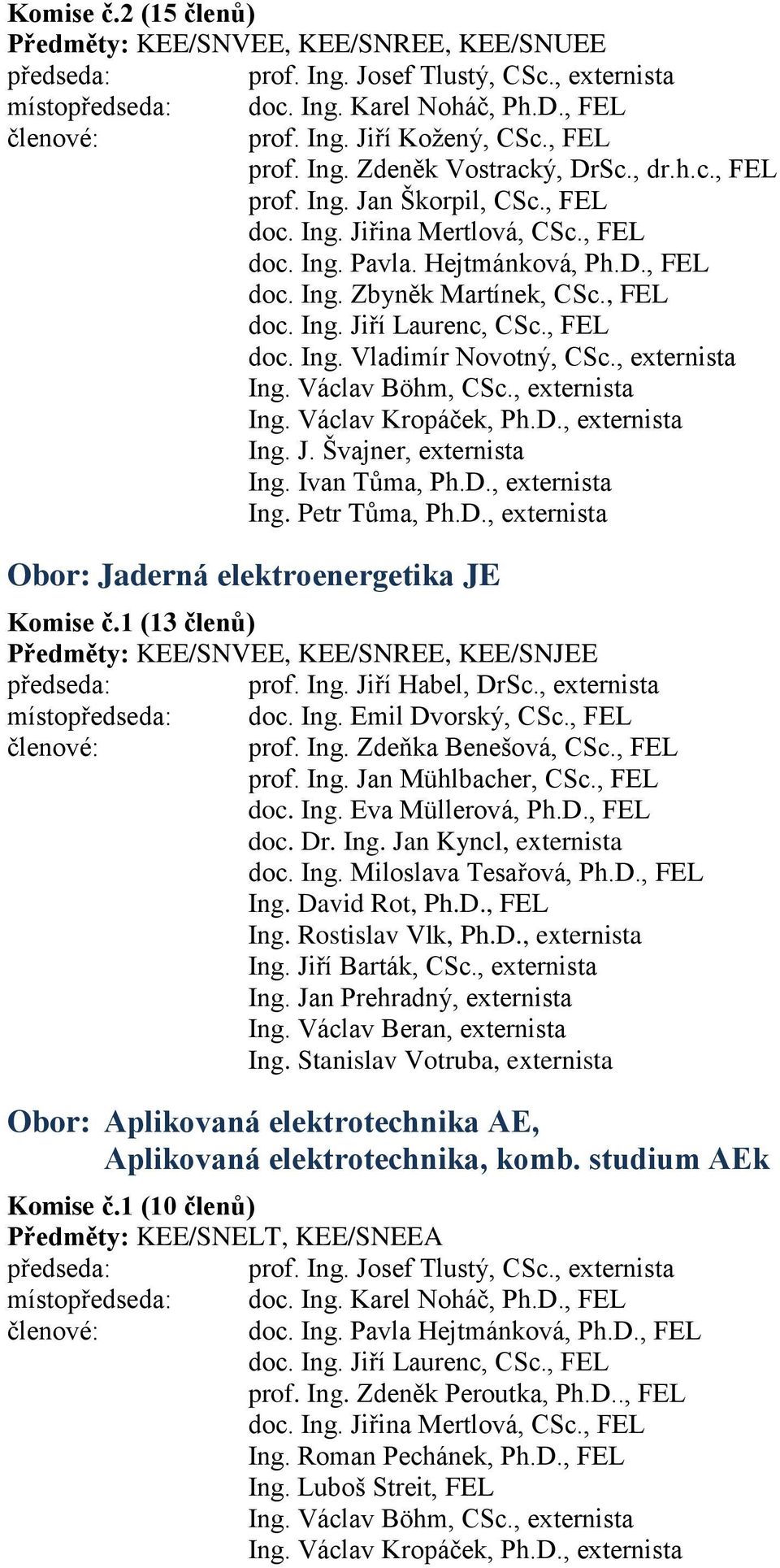 , FEL doc. Ing. Vladimír Novotný, CSc., externista Ing. Václav Böhm, CSc., externista Ing. Václav Kropáček, Ph.D., externista Ing. J. Švajner, externista Ing. Ivan Tůma, Ph.D., externista Ing. Petr Tůma, Ph.