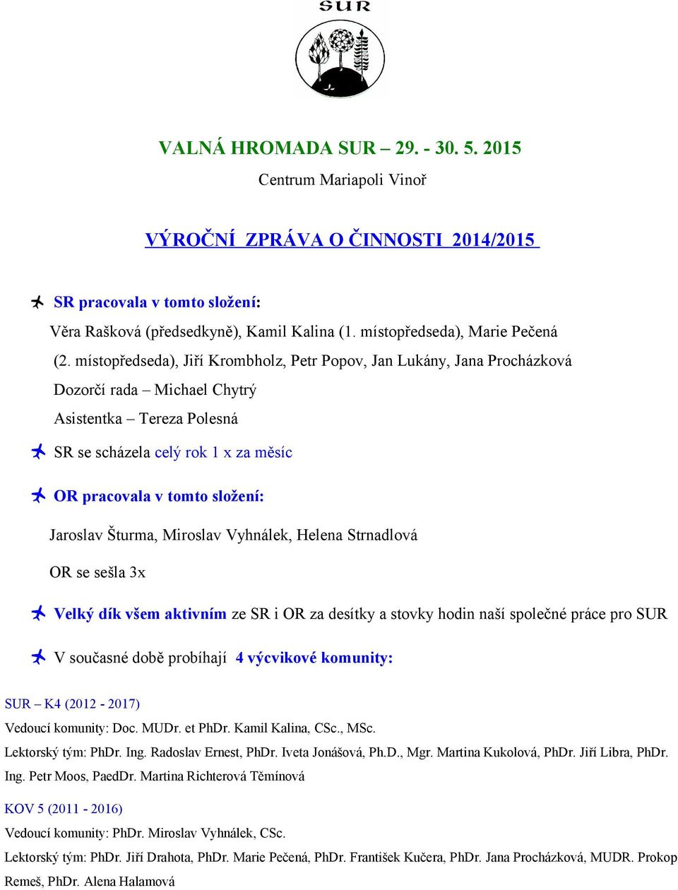 místopředseda), Jiří Krombholz, Petr Popov, Jan Lukány, Jana Procházková Dozorčí rada Michael Chytrý Asistentka Tereza Polesná SR se scházela celý rok 1 x za měsíc OR pracovala v tomto složení: