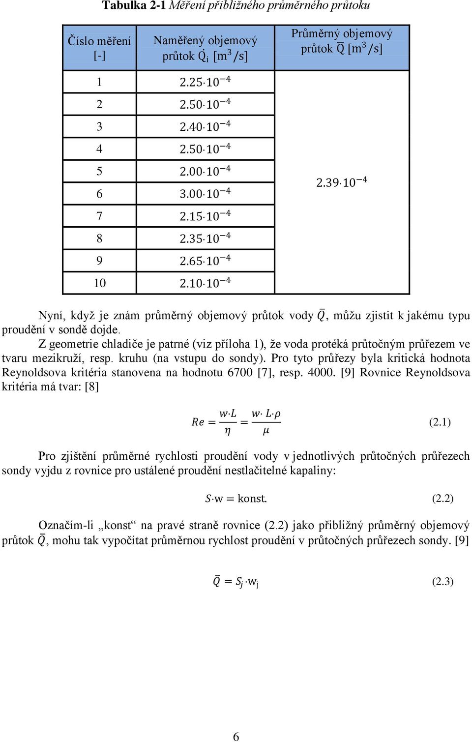 Z geometrie chladiče je patrné (viz příloha 1), že voda protéká průtočným průřezem ve tvaru mezikruží, resp. kruhu (na vstupu do sondy).