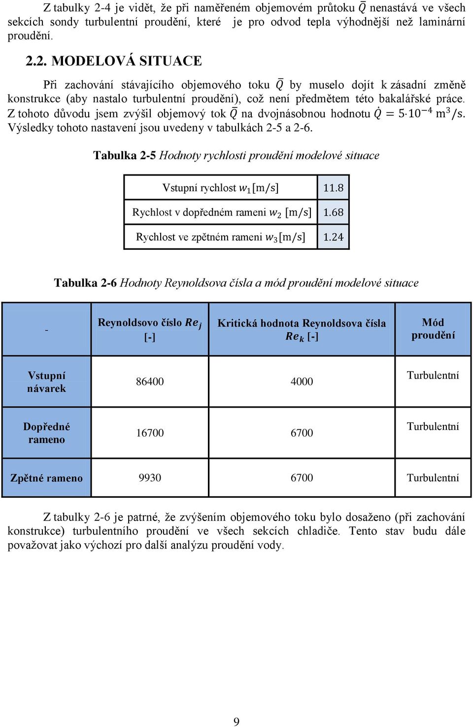 Tabulka 2-5 Hodnoty rychlosti proudění modelové situace Vstupní rychlost w 1 [m/s] 11.8 Rychlost v dopředném rameni w 2 [m/s] 1.68 Rychlost ve zpětném rameni w 3 [m/s] 1.