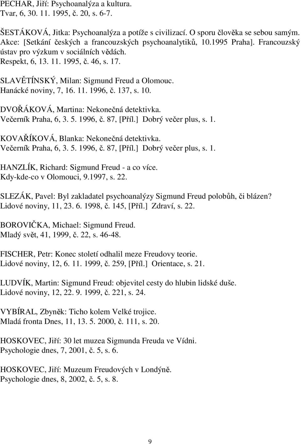SLAVĚTÍNSKÝ, Milan: Sigmund Freud a Olomouc. Hanácké noviny, 7, 16. 11. 1996, č. 137, s. 10. DVOŘÁKOVÁ, Martina: Nekonečná detektivka. Večerník Praha, 6, 3. 5. 1996, č. 87, [Příl.