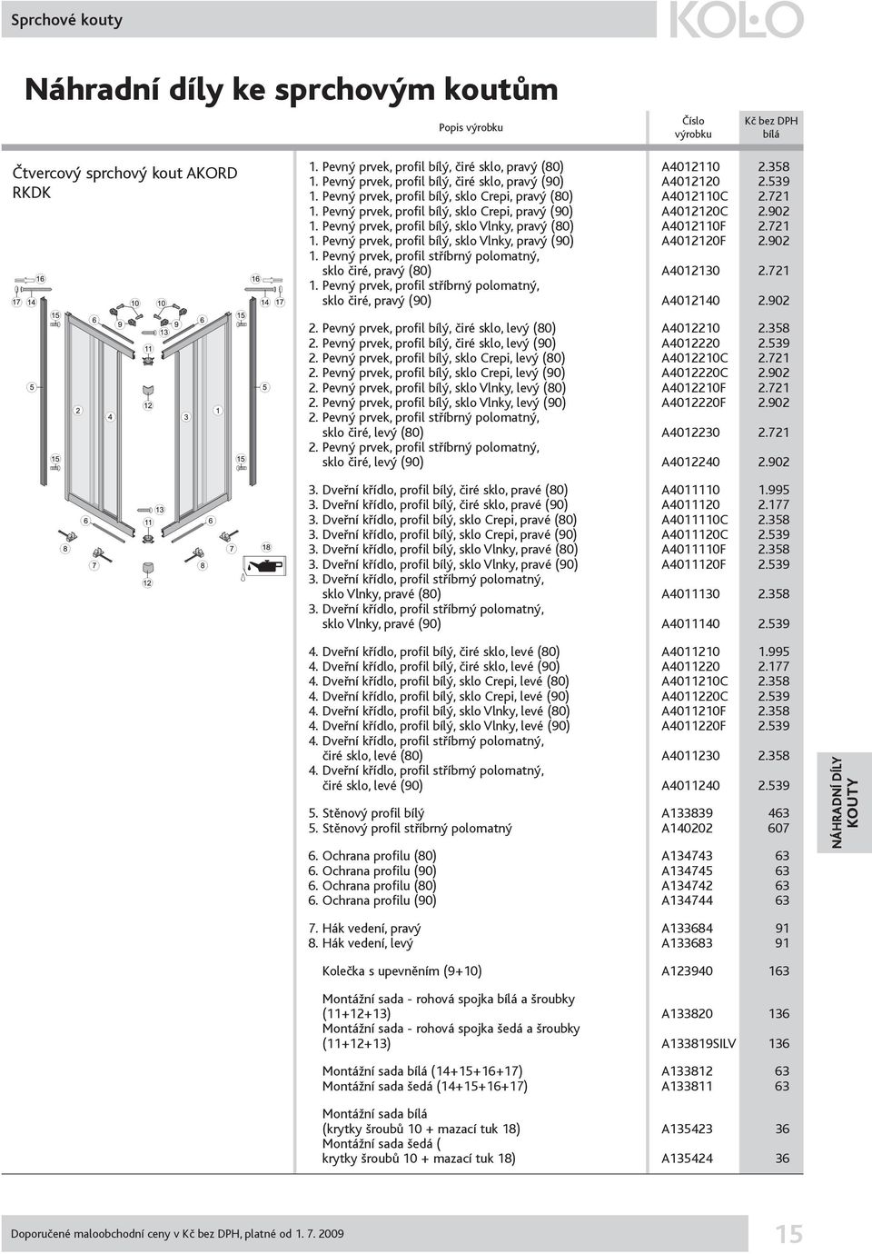 721 1. Pevný prvek, profil bílý, sklo Vlnky, pravý (90) A4012120F 2.902 1. Pevný prvek, profil stříbrný polomatný, sklo čiré, pravý (80) A4012130 2.721 1. Pevný prvek, profil stříbrný polomatný, sklo čiré, pravý (90) A4012140 2.