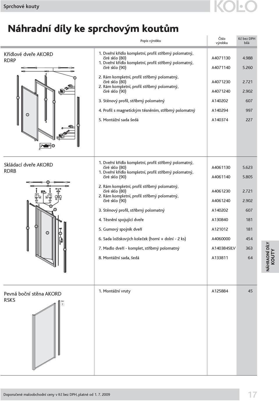 Stěnový profil, stříbrný polomatný A140202 607 4. Profil s magnetickým těsněním, stříbrný polomatný A140294 997 5. Montážní sada šedá A140374 227 Skládací dveře AKORD RDRB 1.