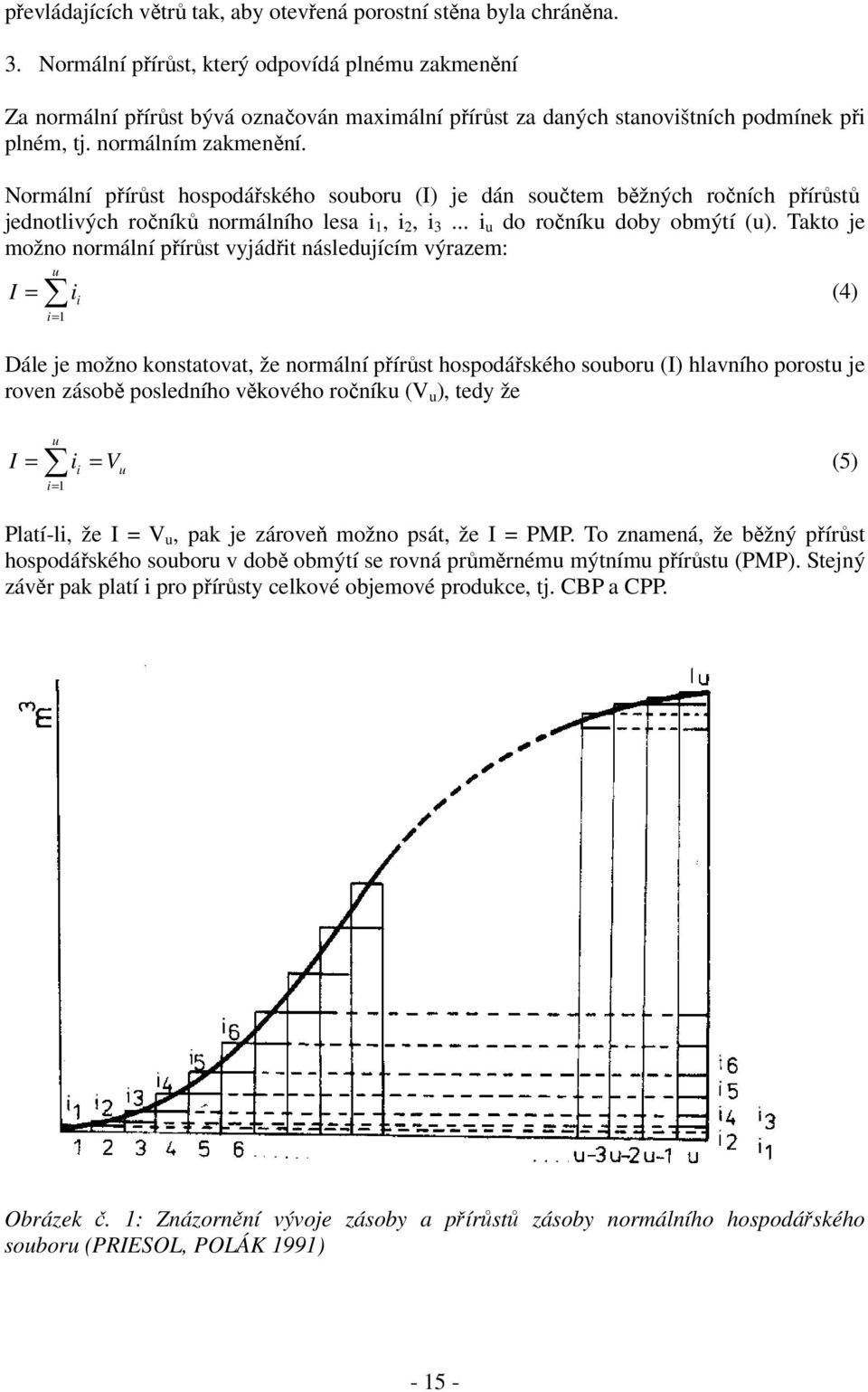 Normální přírůst hospodářského souboru (I) je dán součtem běžných ročních přírůstů jednotlivých ročníků normálního lesa i 1, i 2, i 3... i u do ročníku doby obmýtí (u).