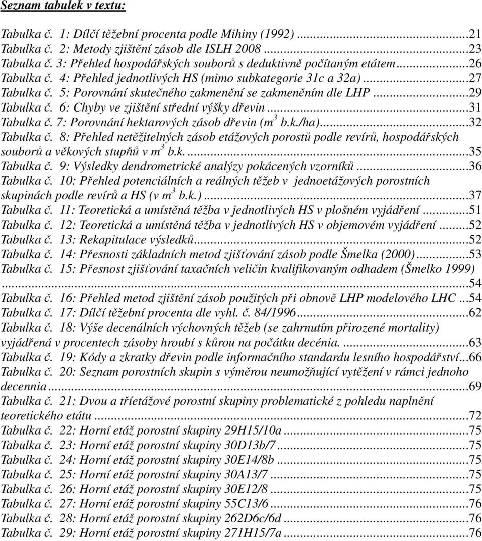 5: Porovnání skutečného zakmenění se zakmeněním dle LHP...29 Tabulka č. 6: Chyby ve zjištění střední výšky dřevin...31 Tabulka č. 7: Porovnání hektarových zásob dřevin (m 3 b.k./ha)...32 Tabulka č.