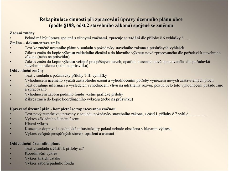 . Změna dokumentace změn Text ke změně územního plánu v souladu s požadavky stavebního zákona a příslušných vyhlášek Zákres změn do kopie výkresu základního členění a do hlavního výkresu nově