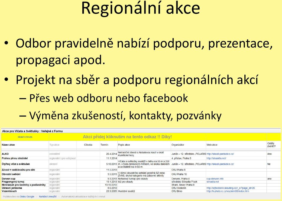 Projekt na sběr a podporu regionálních akcí