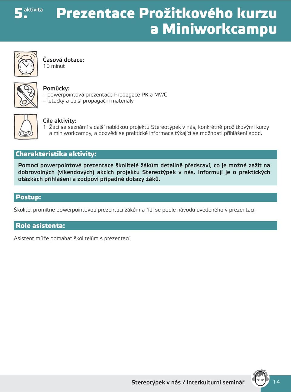 Charakteristika aktivity: Pomocí powerpointové prezentace školitelé žákům detailně představí, co je možné zažít na dobrovolných (víkendových) akcích projektu Stereotýpek v nás.