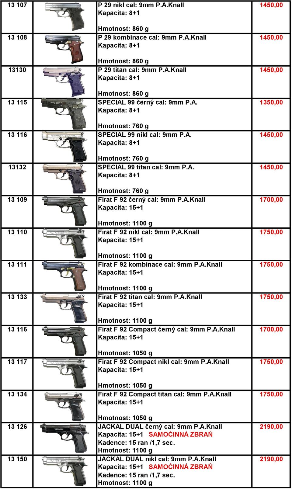 A.Knall 1750,00 13 133 Firat F 92 titan cal: 9mm P.A.Knall 1750,00 13 116 Firat F 92 Compact černý cal: 9mm P.A.Knall 1700,00 Hmotnost: 1050 g 13 117 Firat F 92 Compact nikl cal: 9mm P.A.Knall 1750,00 Hmotnost: 1050 g 13 134 Firat F 92 Compact titan cal: 9mm P.