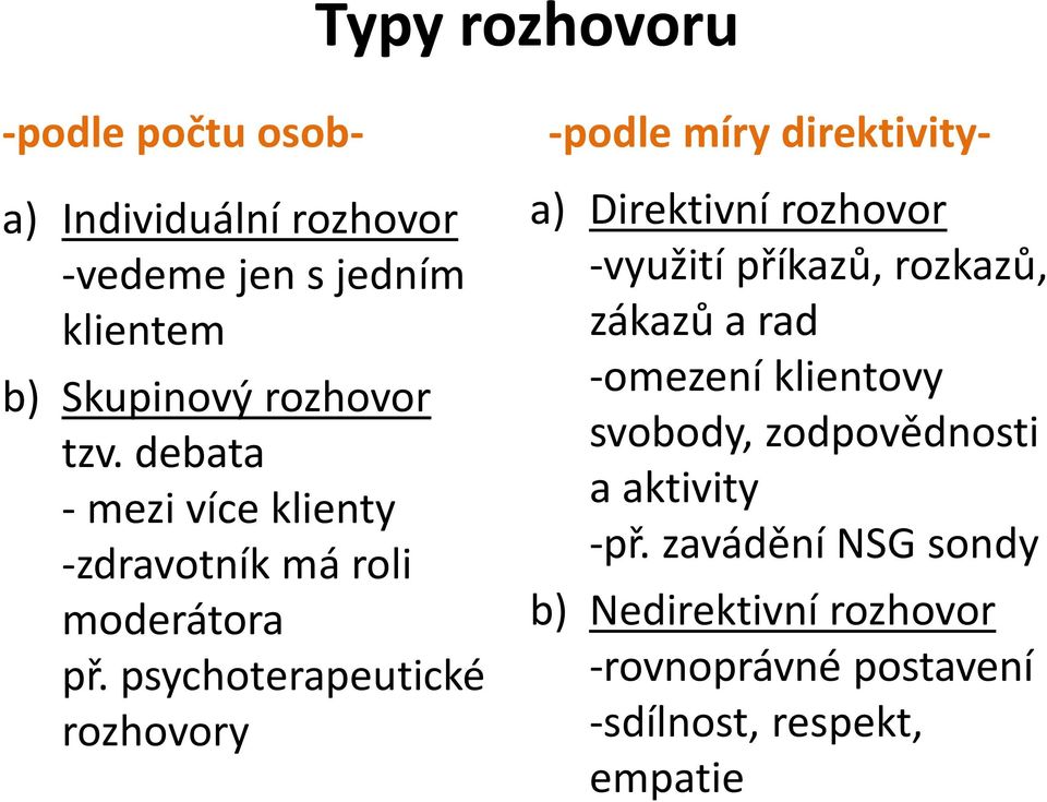 psychoterapeutické rozhovory -podle míry direktivity- a) Direktivní rozhovor -využití příkazů, rozkazů, zákazů