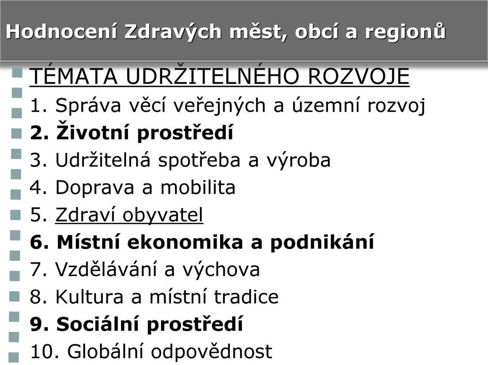 Udržitelná spotřeba a výroba 4. Doprava a mobilita 5. Zdraví obyvatel 6.