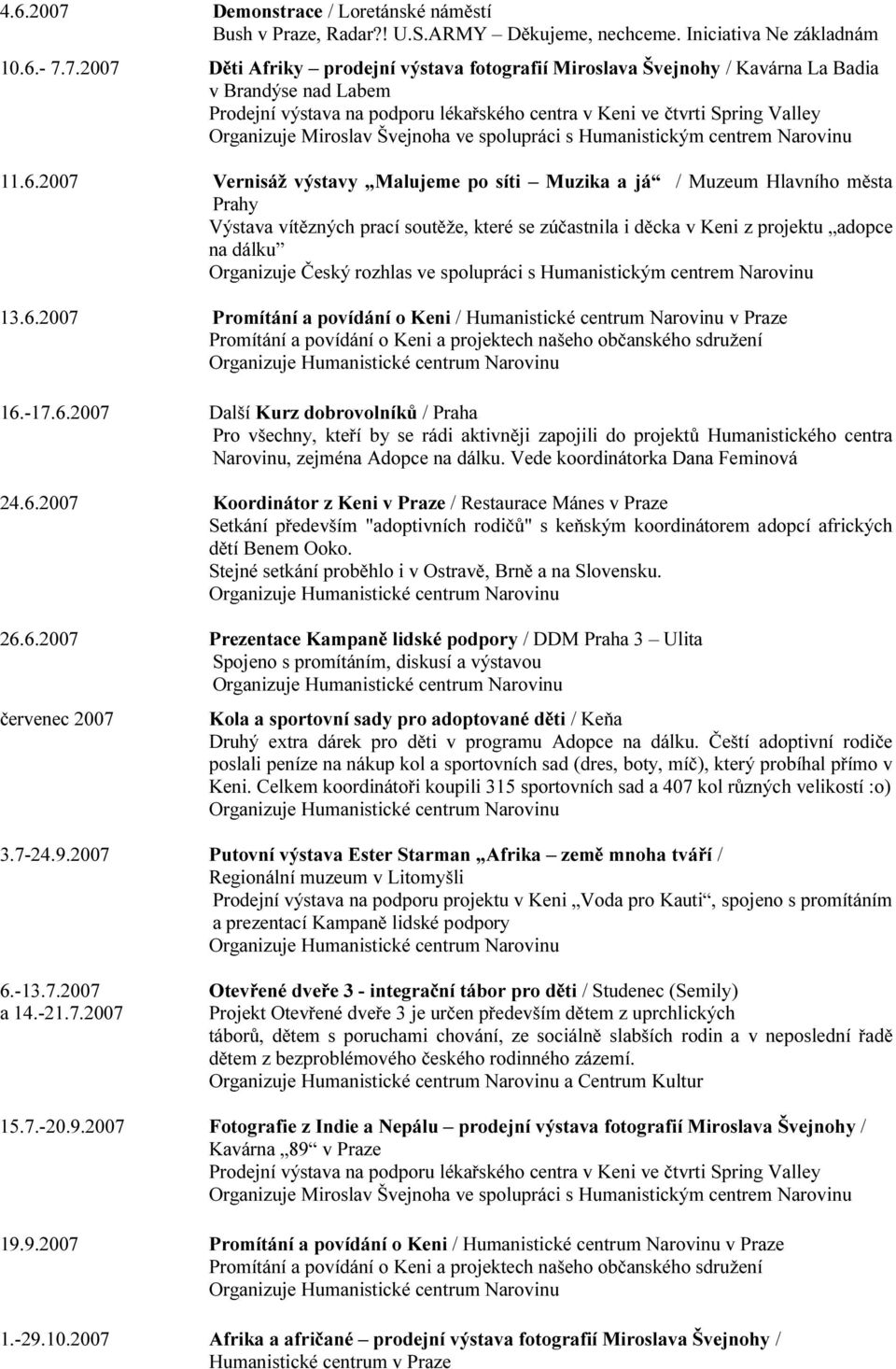 7.2007 Děti Afriky prodejní výstava fotografií Miroslava Švejnohy / Kavárna La Badia v Brandýse nad Labem Prodejní výstava na podporu lékařského centra v Keni ve čtvrti Spring Valley Organizuje