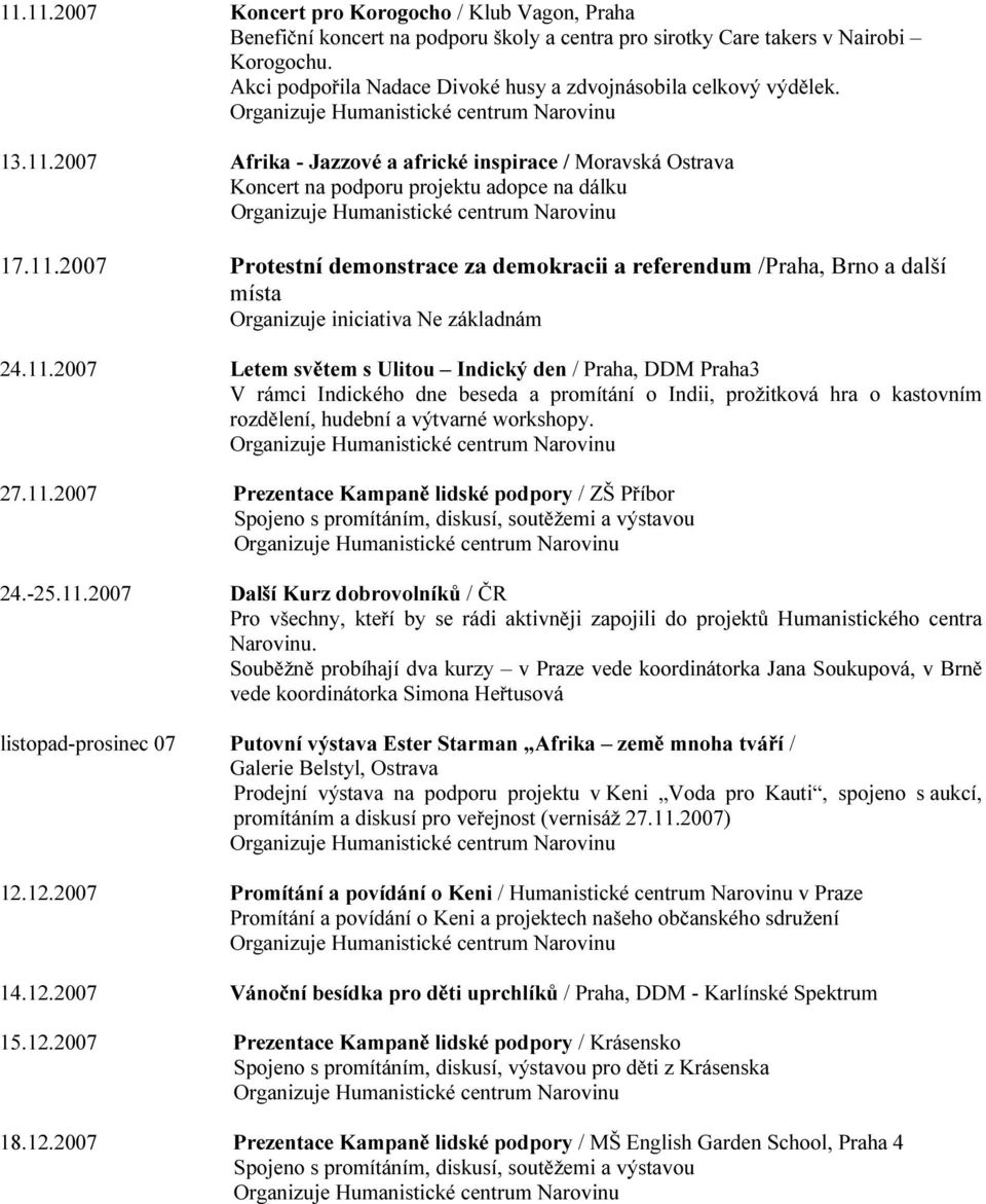 11.2007 Letem světem s Ulitou Indický den / Praha, DDM Praha3 V rámci Indického dne beseda a promítání o Indii, prožitková hra o kastovním rozdělení, hudební a výtvarné workshopy. 27.11.2007 Prezentace Kampaně lidské podpory / ZŠ Příbor Spojeno s promítáním, diskusí, soutěžemi a výstavou 24.