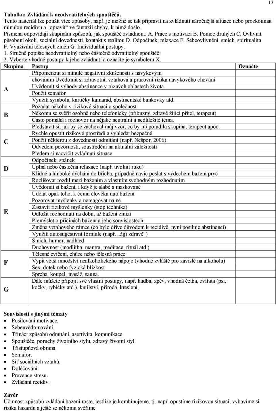 Práce s motivací B. Pomoc druhých C. Ovlivnit působení okolí, sociální dovednosti, kontakt s realitou D. Odpočinek, relaxace E. Sebeovlivnění, smích, spiritualita F. Využívání tělesných změn G.