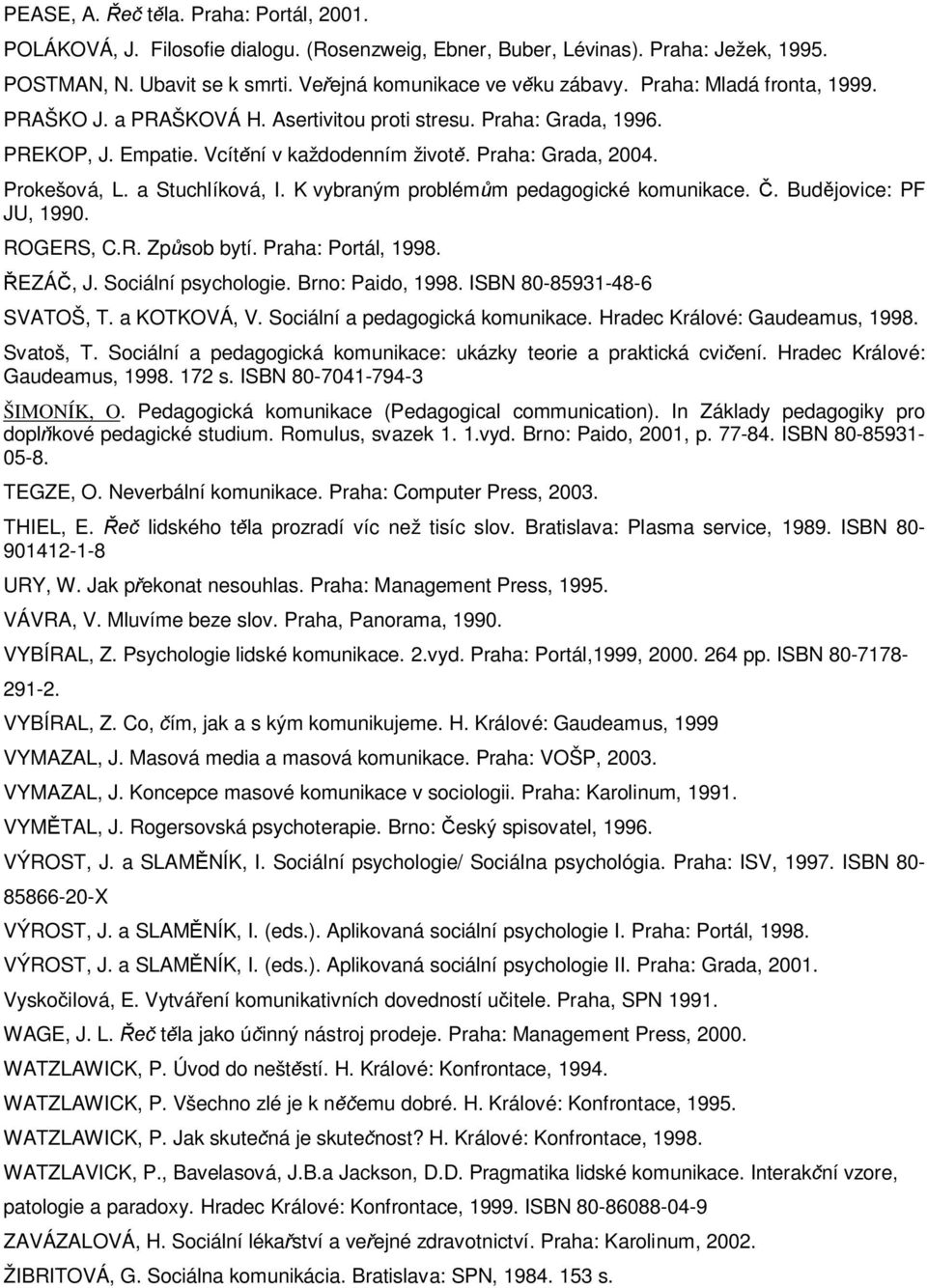 K vybraným problémům pedagogické komunikace. Č. Budějovice: PF JU, 1990. ROGERS, C.R. Způsob bytí. Praha: Portál, 1998. ŘEZÁČ, J. Sociální psychologie. Brno: Paido, 1998. ISBN 80-85931-48-6 SVATOŠ, T.