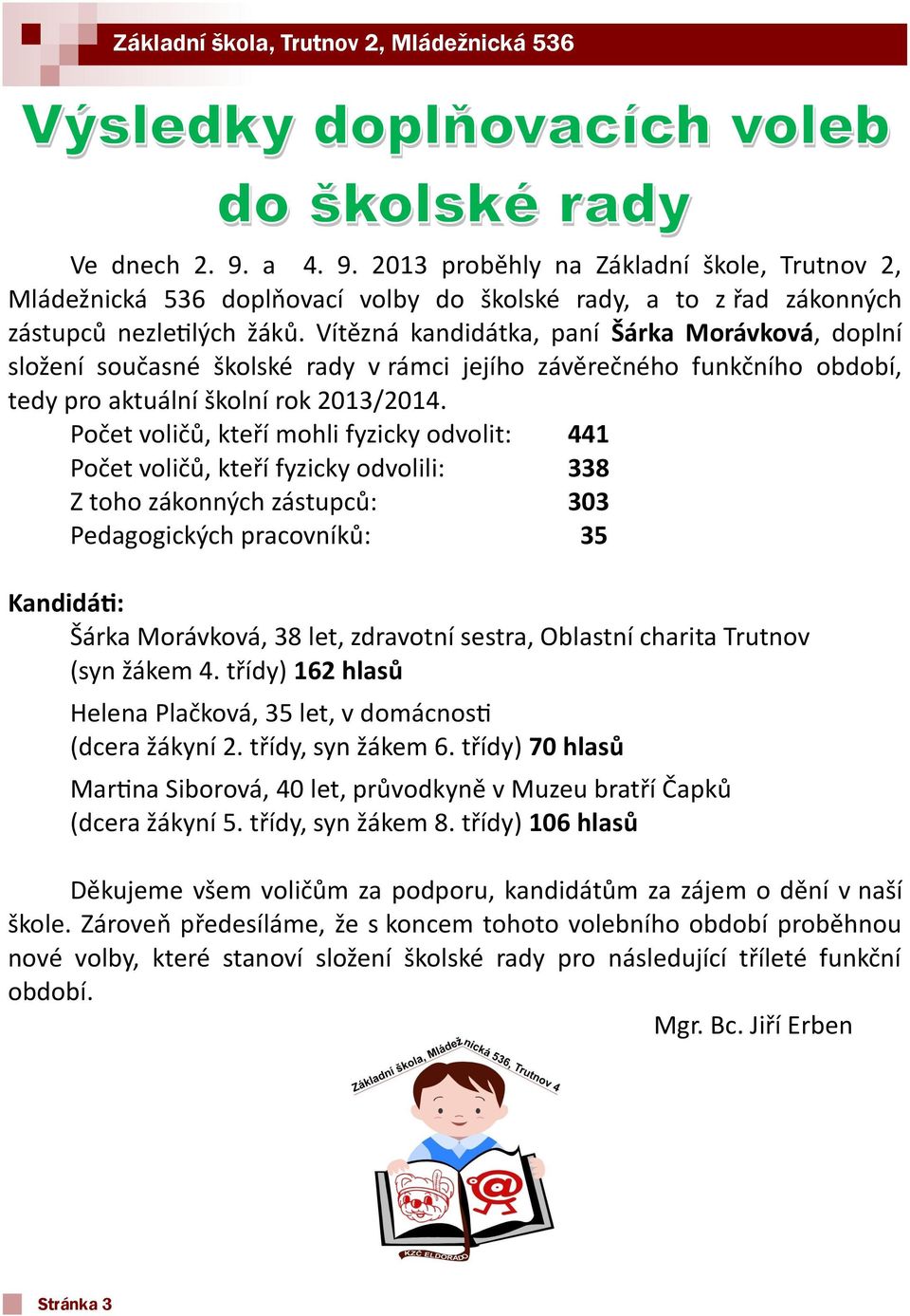 Počet voličů, kteří mohli fyzicky odvolit: 441 Počet voličů, kteří fyzicky odvolili: 338 Z toho zákonných zástupců: 303 Pedagogických pracovníků: 35 Kandidáti: Šárka Morávková, 38 let, zdravotní