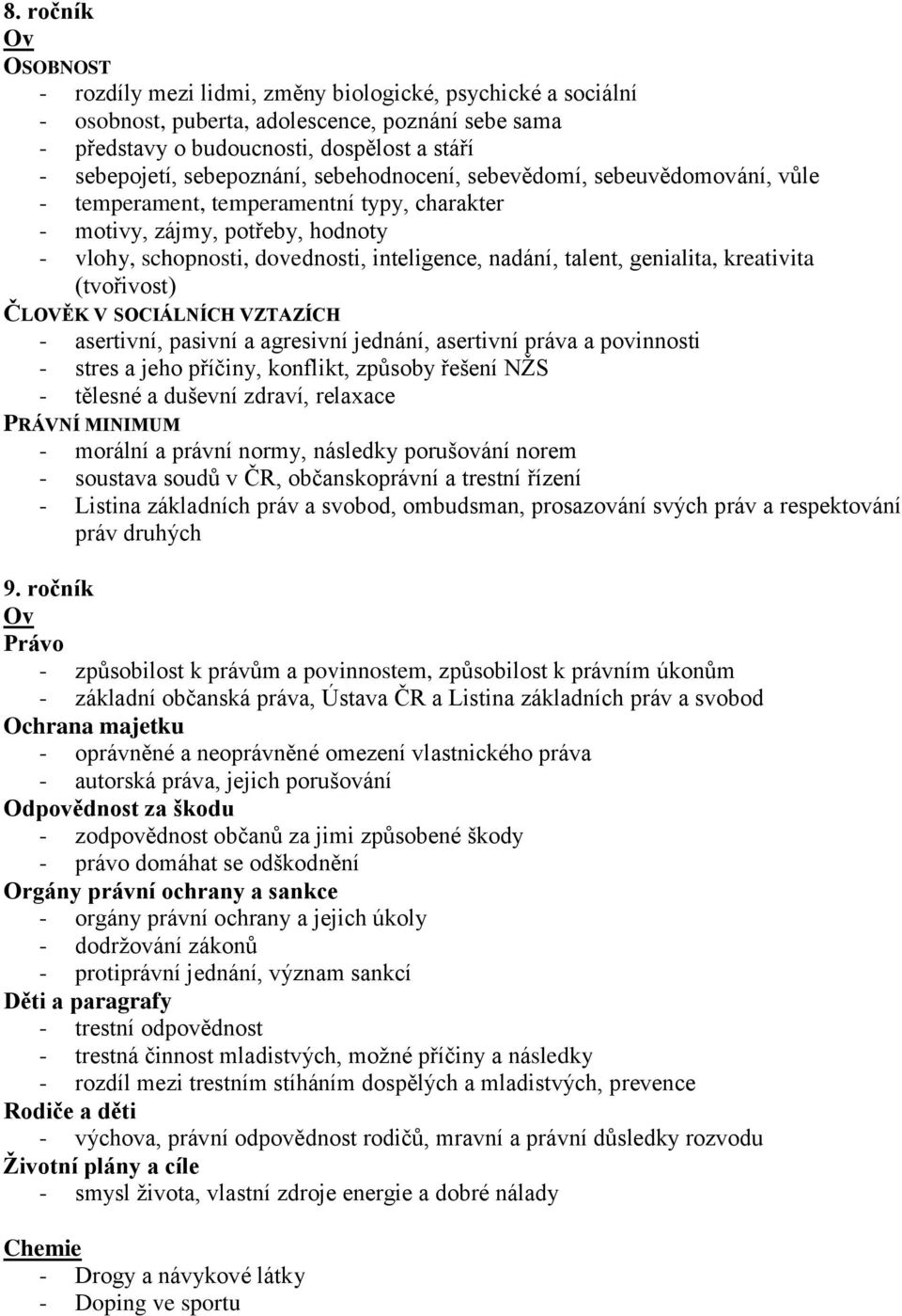 talent, genialita, kreativita (tvořivost) ČLOVĚK V SOCIÁLNÍCH VZTAZÍCH - asertivní, pasivní a agresivní jednání, asertivní práva a povinnosti - stres a jeho příčiny, konflikt, způsoby řešení NŽS -