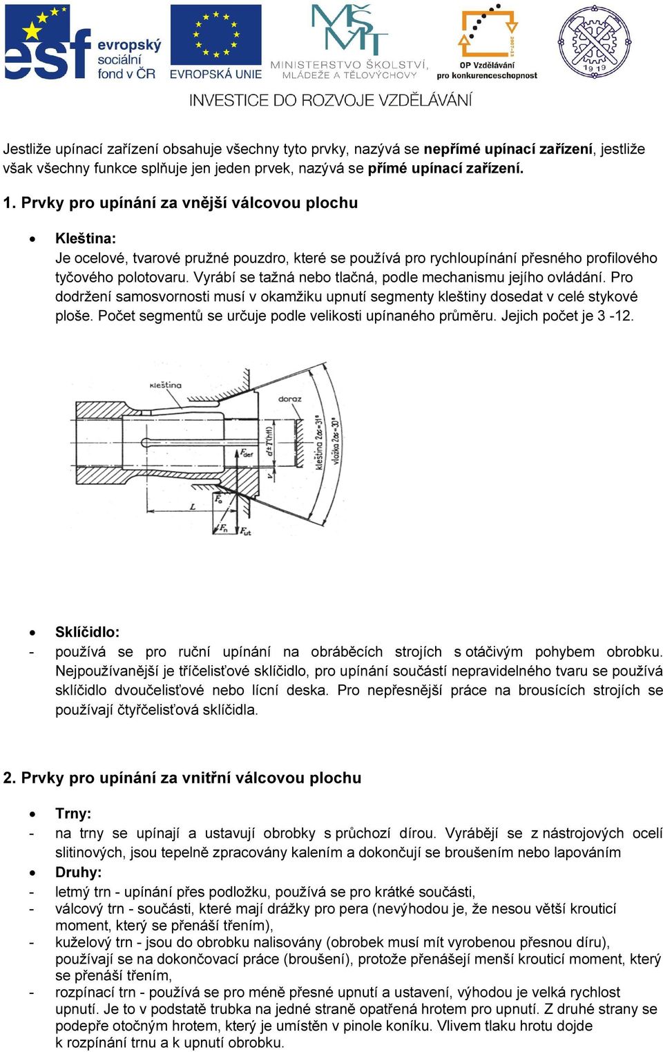 Vyrábí se tažná nebo tlačná, podle mechanismu jejího ovládání. Pro dodržení samosvornosti musí v okamžiku upnutí segmenty kleštiny dosedat v celé stykové ploše.