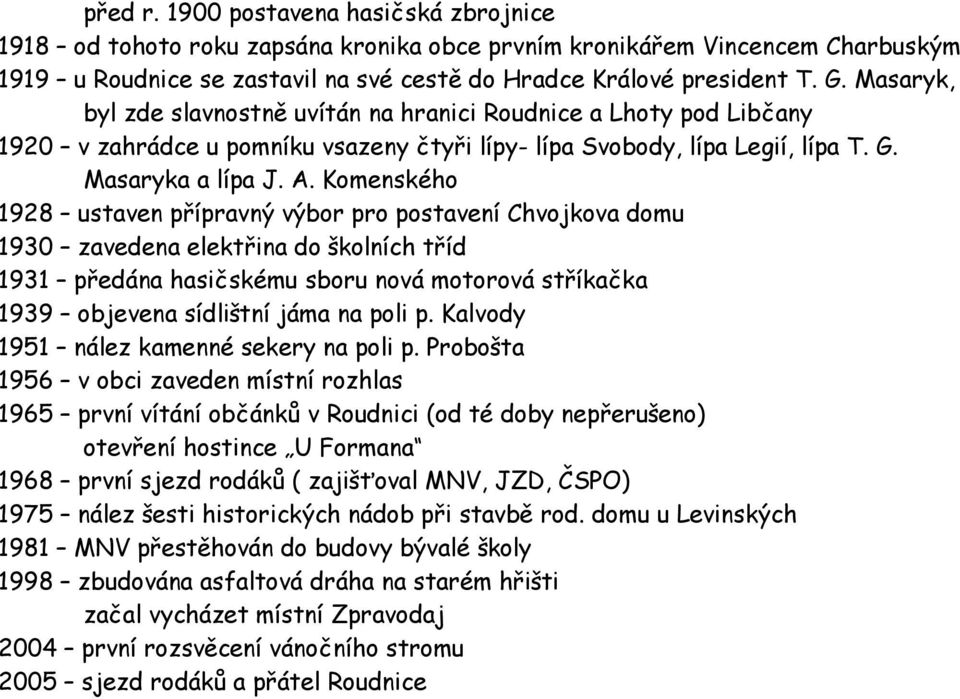 Komenského 1928 ustaven přípravný výbor pro postavení Chvojkova domu 1930 zavedena elektřina do školních tříd 1931 předána hasičskému sboru nová motorová stříkačka 1939 objevena sídlištní jáma na