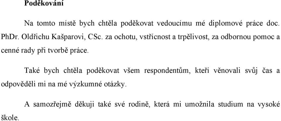 za ochotu, vstřícnost a trpělivost, za odbornou pomoc a cenné rady při tvorbě práce.