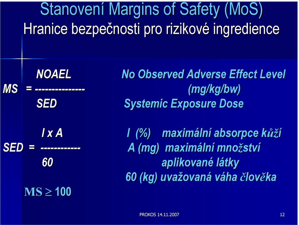 Dose I x A I (%) maximáln lní absorpce kůžk ůží SED = ------------ A (mg) maximáln lní