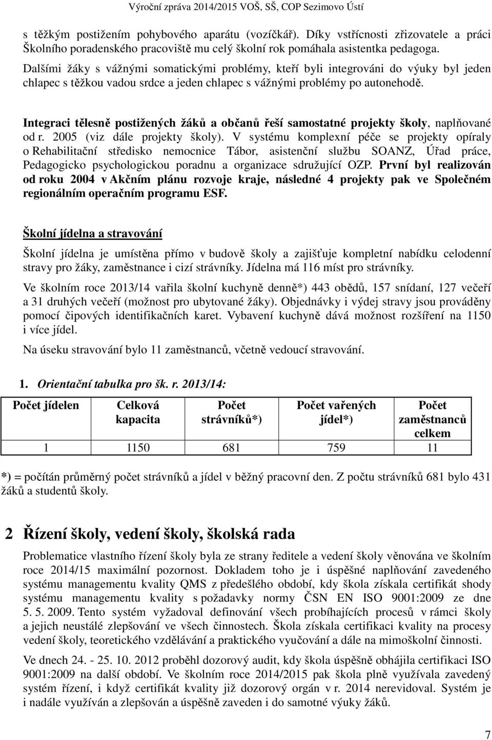 Integraci tělesně postižených žáků a občanů řeší samostatné projekty školy, naplňované od r. 2005 (viz dále projekty školy).