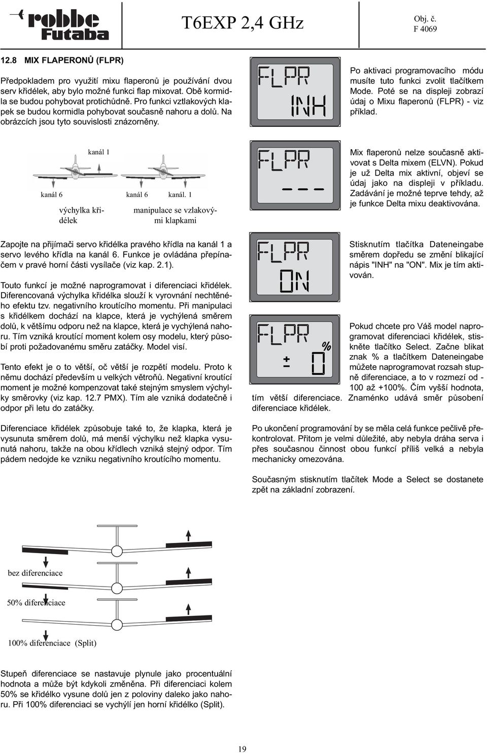 Po aktivaci programovacího módu musíte tuto funkci zvolit tlačítkem Mode. Poté se na displeji zobrazí údaj o Mixu flaperonů (FLPR) - viz příklad. kanál 1 kanál 6 kanál 6 kanál.