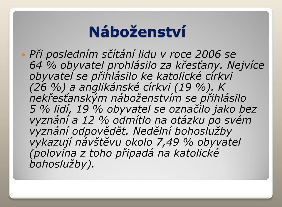 K nekřesťanským náboženstvím se přihlásilo 5 % lidí, 19 % obyvatel se označilo jako bez vyznání a 12 %