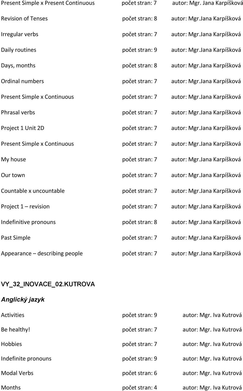 Jana Karpíšková Present Simple x Continuous počet stran: 7 autor: Mgr.Jana Karpíšková Phrasal verbs počet stran: 7 autor: Mgr.Jana Karpíšková Project 1 Unit 2D počet stran: 7 autor: Mgr.