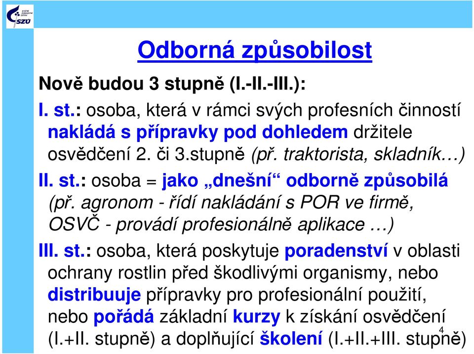 agronom -řídí nakládání s POR ve firmě, OSVČ - provádí profesionálně aplikace ) III. st.