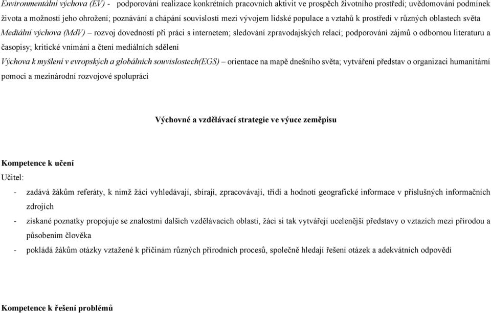 zájmů o odbornou literaturu a časopisy; kritické vnímání a čtení mediálních sdělení Výchova k myšlení v evropských a globálních souvislostech(egs) orientace na mapě dnešního světa; vytváření představ