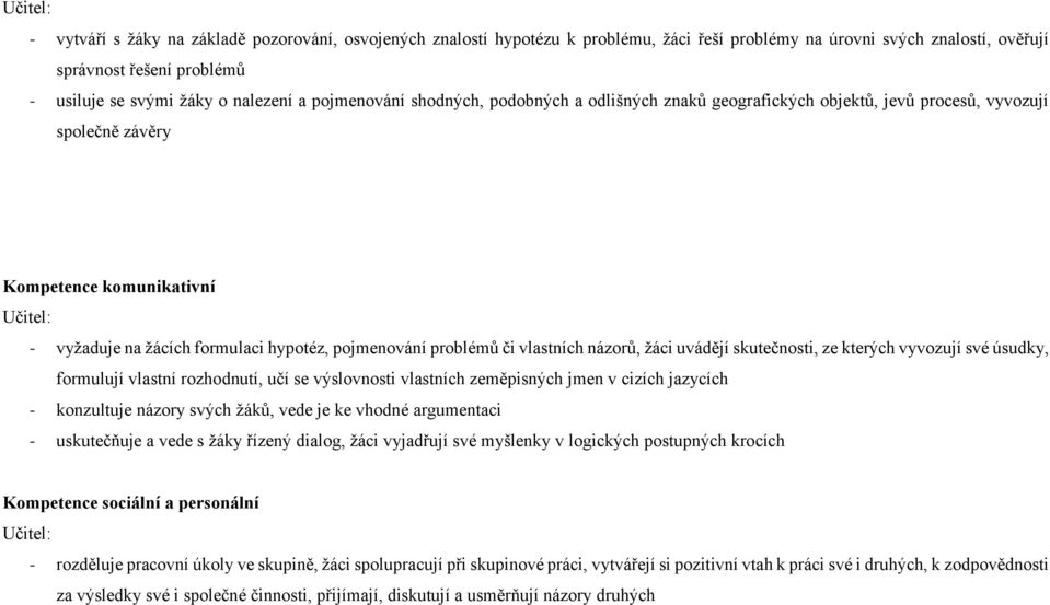 pojmenování problémů či vlastních názorů, žáci uvádějí skutečnosti, ze kterých vyvozují své úsudky, formulují vlastní rozhodnutí, učí se výslovnosti vlastních zeměpisných jmen v cizích jazycích -