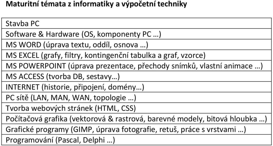 DB, sestavy ) INTERNET (historie, připojení, domény ) PC sítě (LAN, MAN, WAN, topologie ) Tvorba webových stránek (HTML, CSS) Počítačová grafika