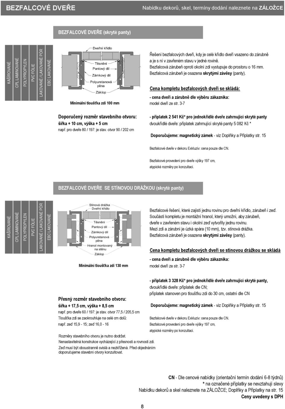 Minimální tloušťka zdi 100 mm Cena kompletu bezfalcových dveří se skládá: cena dveří a zárubně dle výběru zákazníka: model dveří ze str.