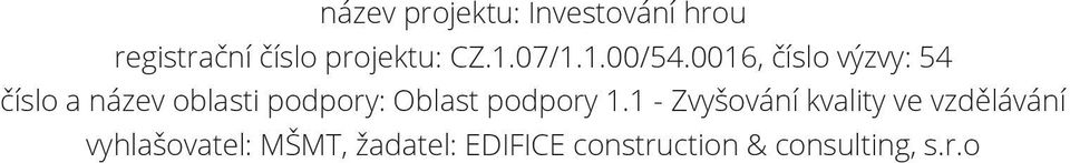 0016, číslo výzvy: 54 číslo a název oblasti podpory: Oblast