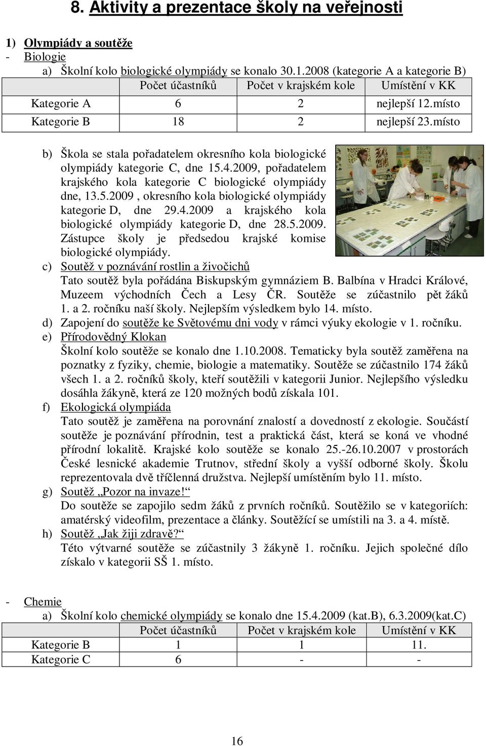 2009, pořadatelem krajského kola kategorie C biologické olympiády dne, 13.5.2009, okresního kola biologické olympiády kategorie D, dne 29.4.