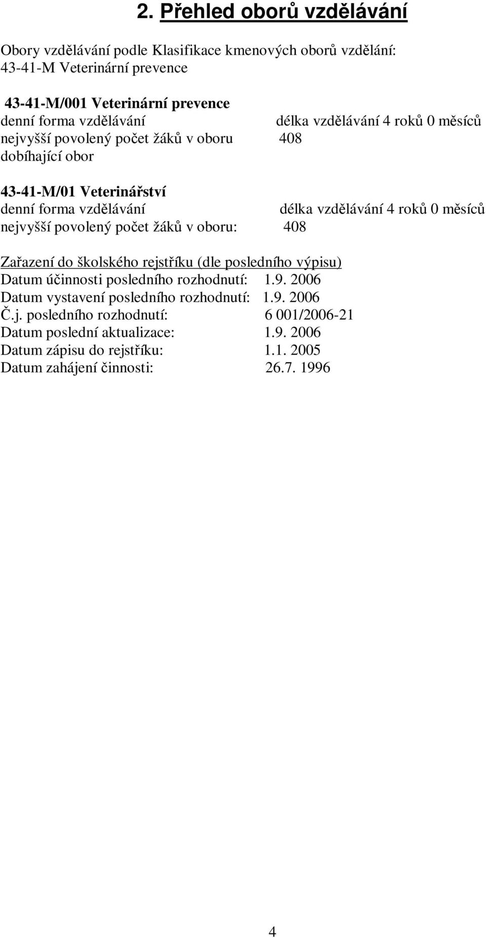 nejvyšší povolený počet žáků v oboru: 408 Zařazení do školského rejstříku (dle posledního výpisu) Datum účinnosti posledního rozhodnutí: 1.9.