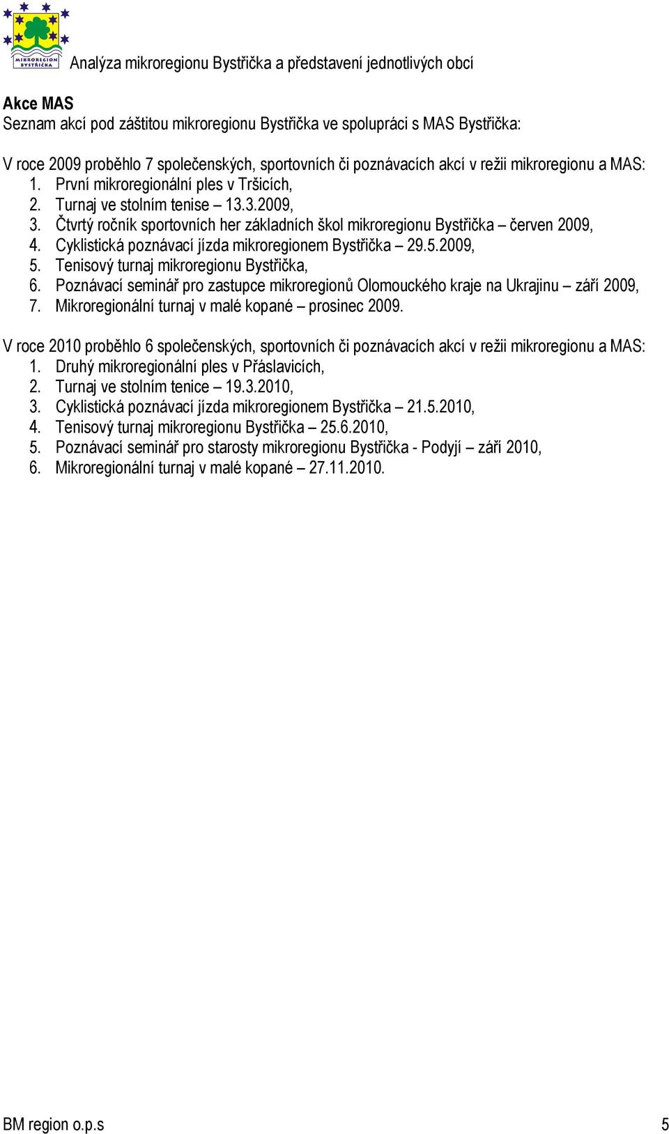 Cyklistická poznávací jízda mikroregionem Bystřička 29.5.2009, 5. Tenisový turnaj mikroregionu Bystřička, 6. Poznávací seminář pro zastupce mikroregionů Olomouckého kraje na Ukrajinu září 2009, 7.