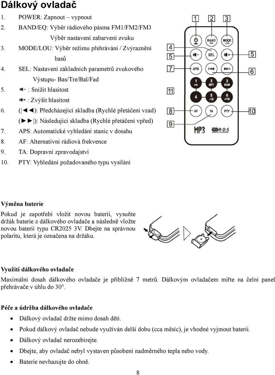 ( ): Předcházející skladba (Rychlé přetáčení vzad) ( ): Následující skladba (Rychlé přetáčení vpřed) 7. APS: Automatické vyhledání stanic v dosahu 8. AF: Alternativní rádiová frekvence 9.