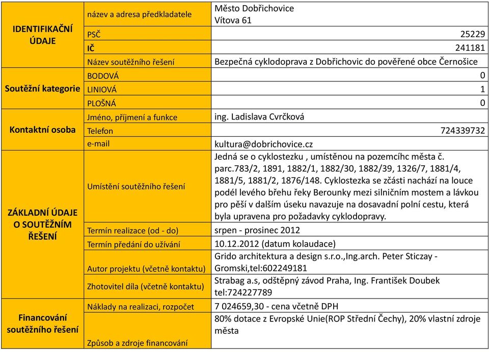 Ladislava Cvrčková Telefon 724339732 e-mail kultura@dobrichovice.cz Jedná se o cyklostezku, umístěnou na pozemcíhc města č. parc.