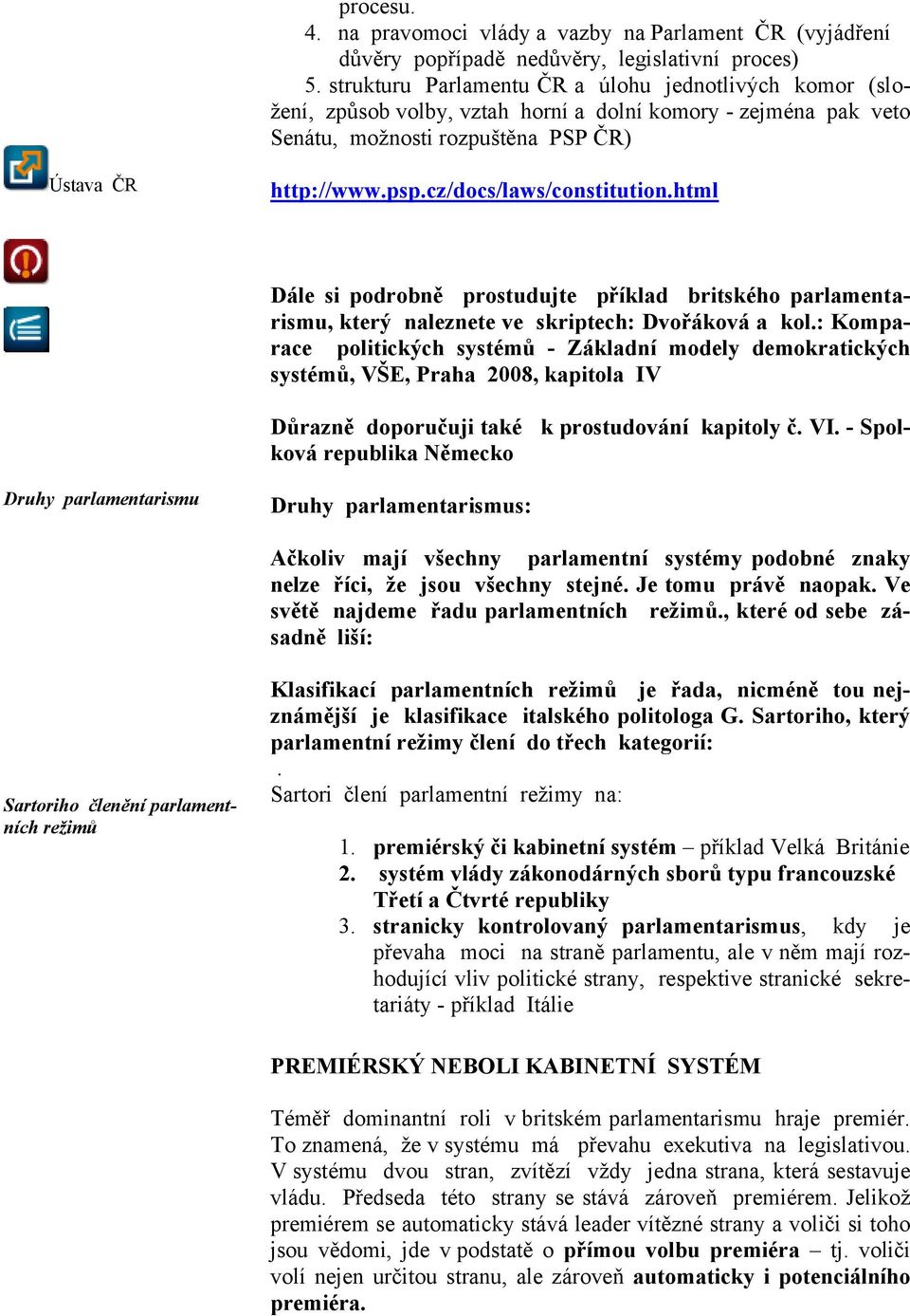 cz/docs/laws/constitution.html Dále si podrobně prostudujte příklad britského parlamentarismu, který naleznete ve skriptech: Dvořáková a kol.