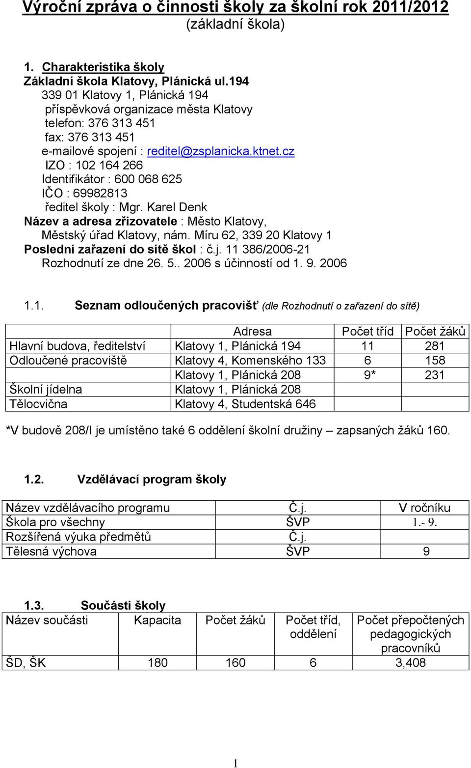 cz IZO : 102 164 266 Identifikátor : 600 068 625 IČO : 69982813 ředitel školy : Mgr. Karel Denk Název a adresa zřizovatele : Město Klatovy, Městský úřad Klatovy, nám.