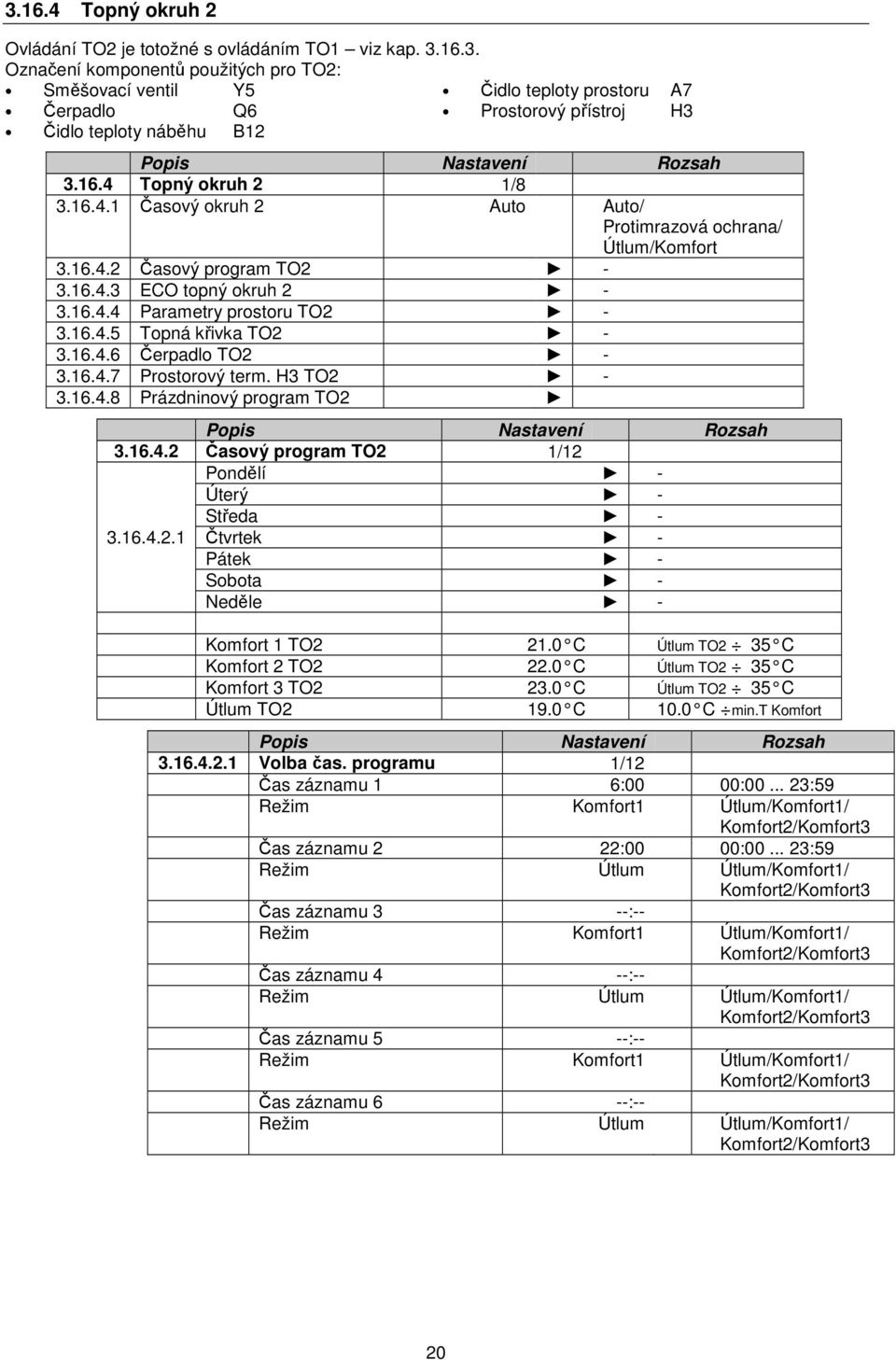 16.4.6 Čerpadlo TO2-3.16.4.7 Prostorový term. H3 TO2-3.16.4.8 Prázdninový program TO2 3.16.4.2 Časový program TO2 1/12 Pondělí - Úterý - Středa - 3.16.4.2.1 Čtvrtek - Pátek - Sobota - Neděle - Komfort 1 TO2 21.