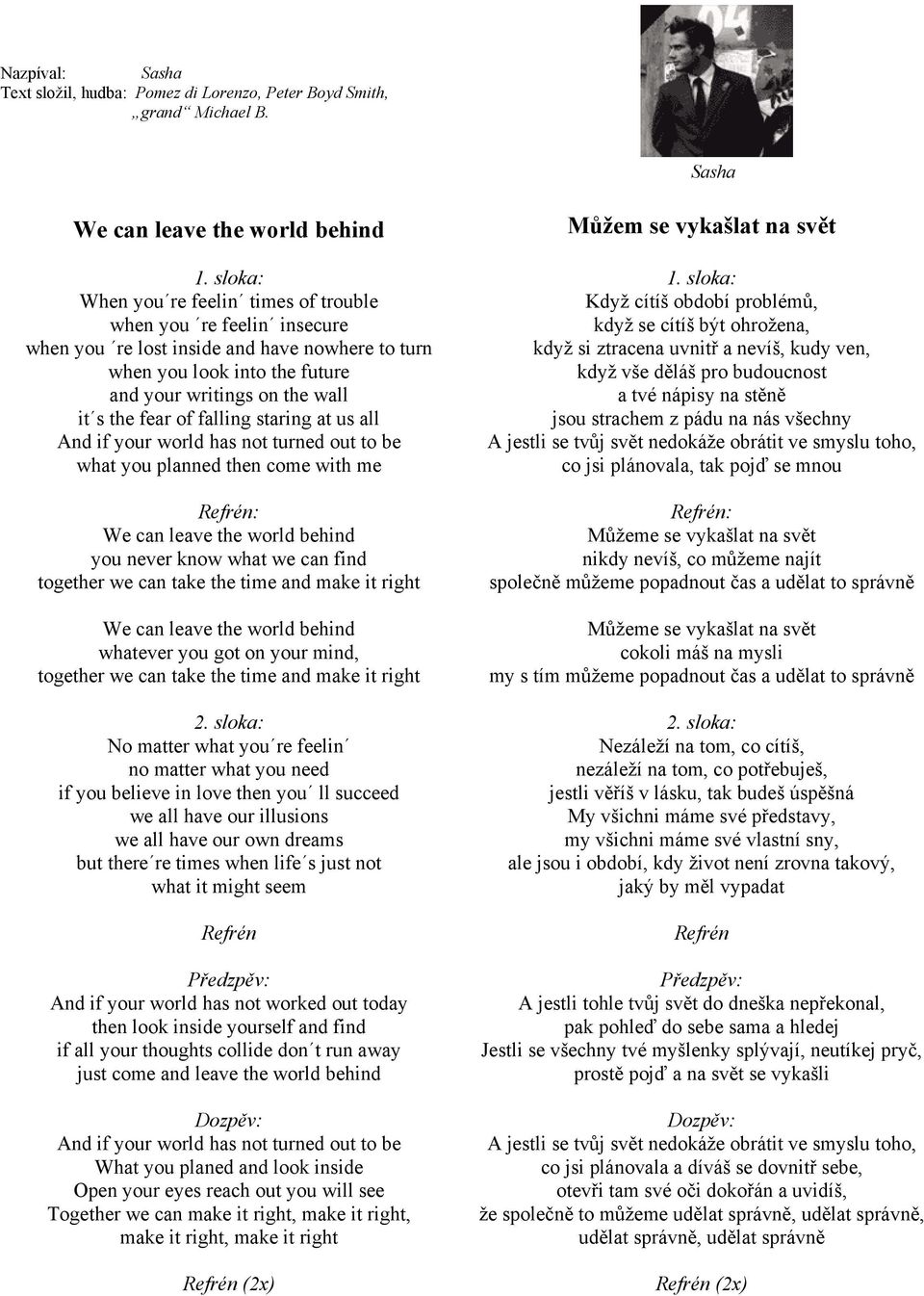 falling staring at us all And if your world has not turned out to be what you planned then come with me Refrén: We can leave the world behind you never know what we can find together we can take the